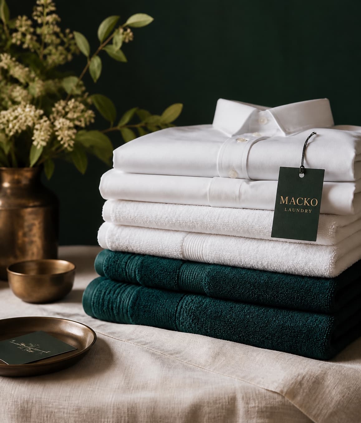 Folded white shirts and dark green towels finished by hand, tagged with the MACKO wordmark